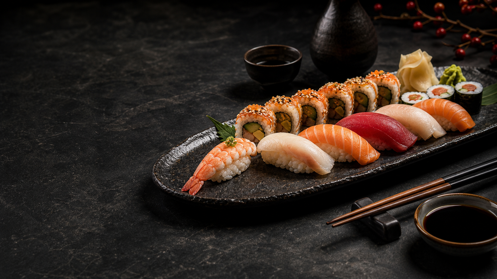 Sushistan sushi platter with rolls and nigiri on dark stone