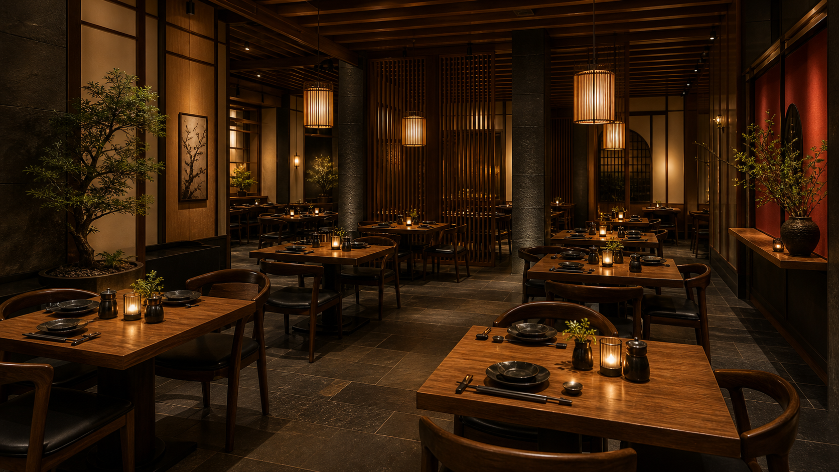 Warm Japanese inspired restaurant interior with two person tables