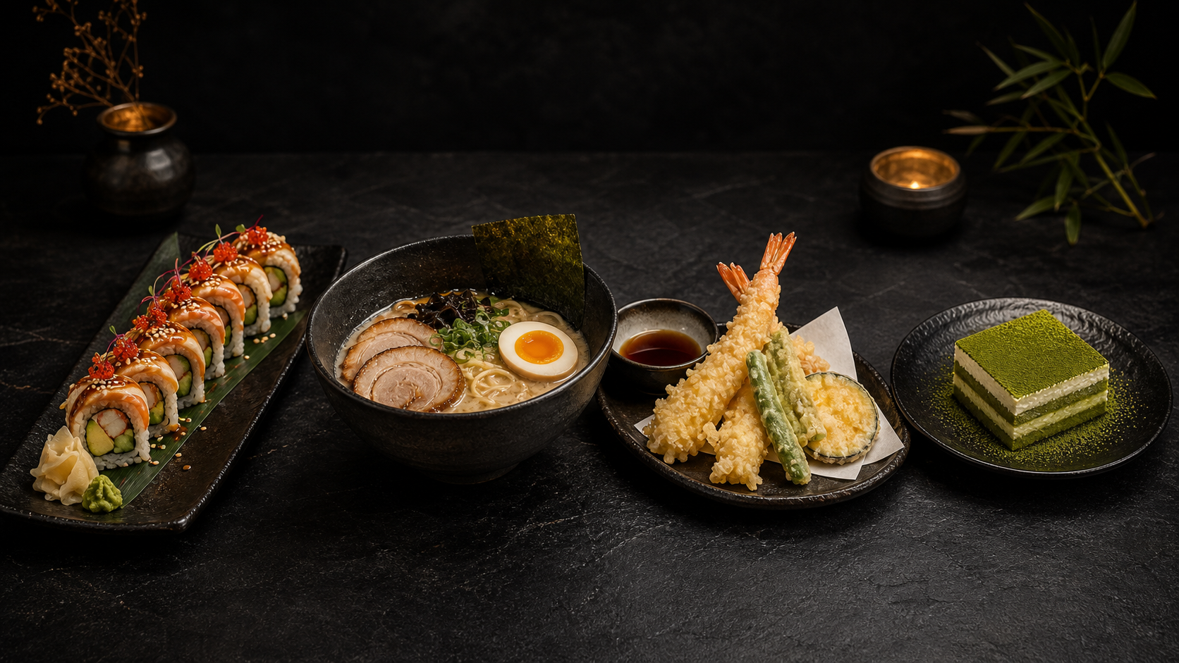 Dragon roll, ramen, tempura and matcha dessert on a dark Japanese restaurant table